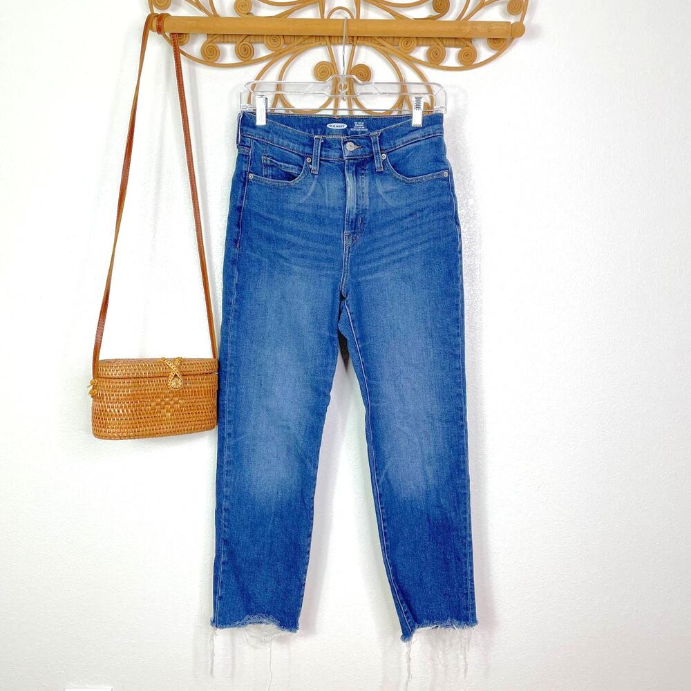 Old Navy Sky Hi Straight Crop Jeans Size 2 Womens High Rise Frayed Hem Blue